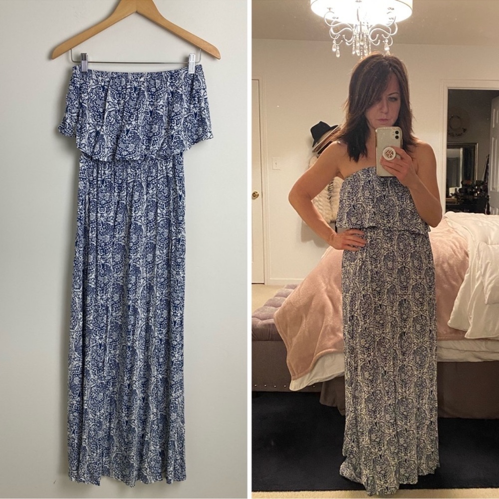 Boho Maxi Dress Navy White Yidarton Off The Shoulder Dress Strapless Ruffle